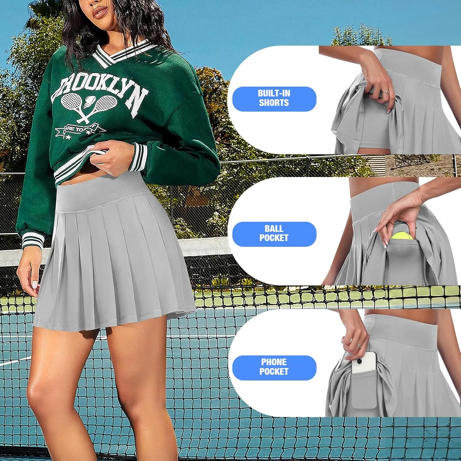 JoyGirl Womens Pleated Skirt with Shorts Tennis Skirt School Uniform Skirt Mini Skater Skirts Skorts with Pockets