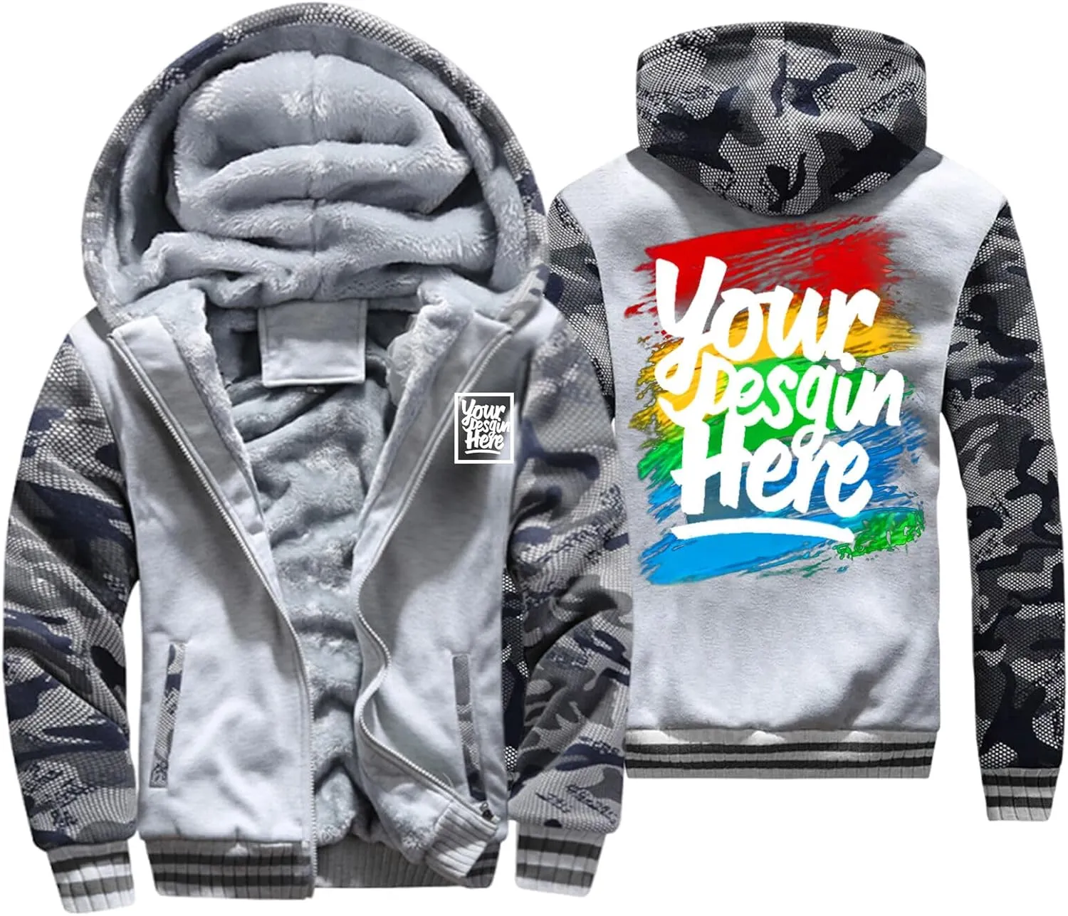 KAMKOO Men Custom Hoodie Zip Up Winter Sherpa Lined Sweatshirt Design Your Own Heavyweight Thick Warm Fleece Jacket