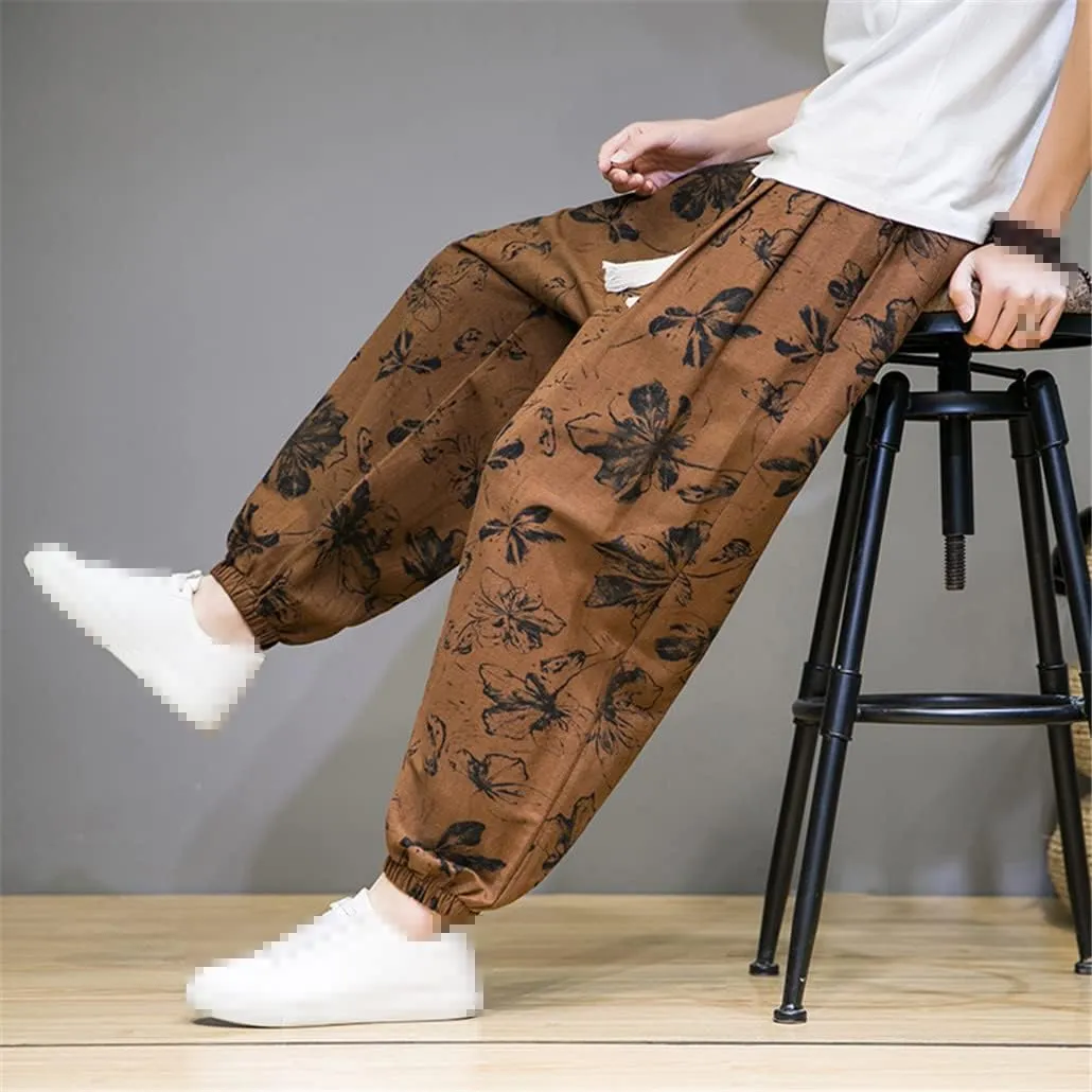 keusyoi Chinese Style Man Pants Spring Summer Thin Breathable Cotton Linen Pants Mens Harem Pants Printed Casual Loose Pants