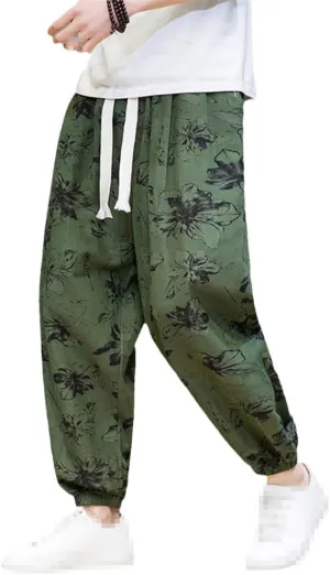 keusyoi Chinese Style Man Pants Spring Summer Thin Breathable Cotton Linen Pants Mens Harem Pants Printed Casual Loose Pants