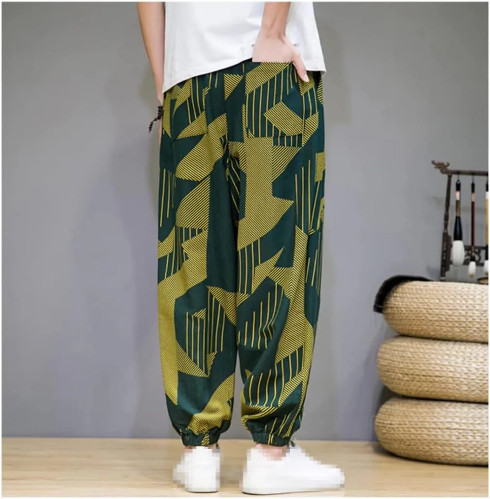 keusyoi Chinese Style Man Pants Spring Summer Thin Breathable Cotton Linen Pants Mens Harem Pants Printed Casual Loose Pants