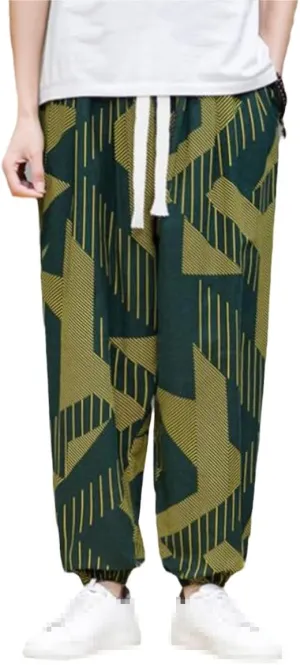 keusyoi Chinese Style Man Pants Spring Summer Thin Breathable Cotton Linen Pants Mens Harem Pants Printed Casual Loose Pants