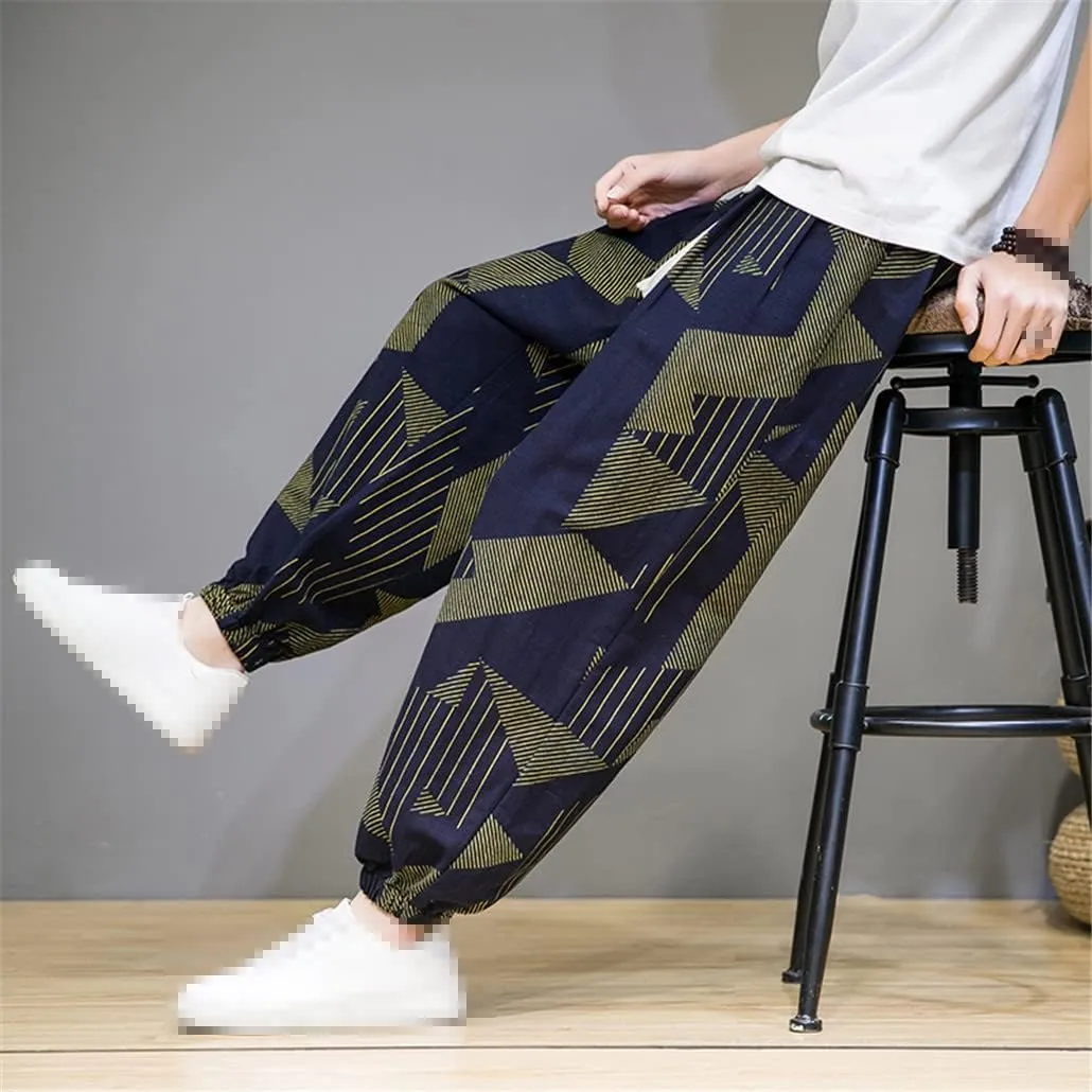 keusyoi Chinese Style Man Pants Spring Summer Thin Breathable Cotton Linen Pants Mens Harem Pants Printed Casual Loose Pants