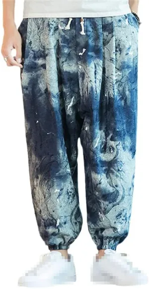 keusyoi Men Harem Pants Printed Drawstring Drop-Crotch Joggers Trousers Mens Autumn Loose Casual Cotton Linen Pants