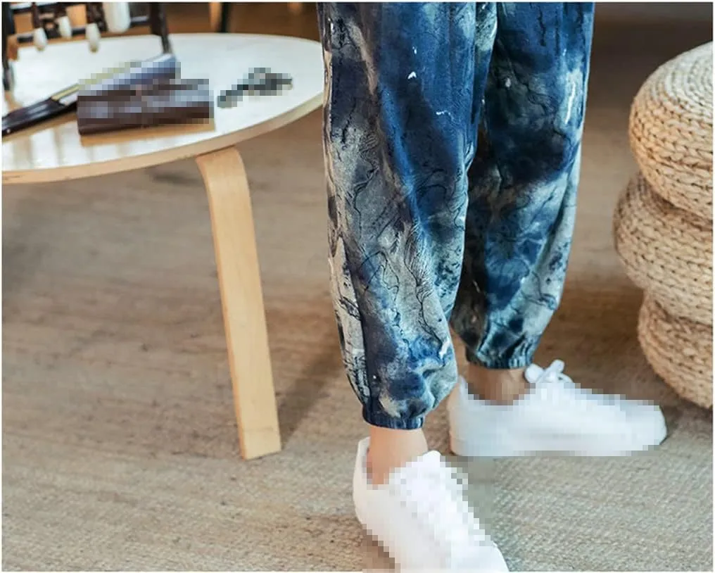 keusyoi Men Harem Pants Printed Drawstring Drop-Crotch Joggers Trousers Mens Autumn Loose Casual Cotton Linen Pants