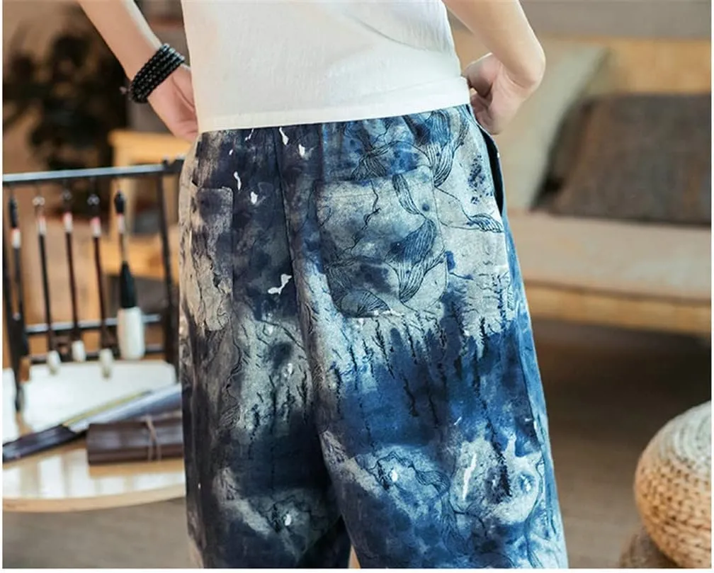 keusyoi Men Harem Pants Printed Drawstring Drop-Crotch Joggers Trousers Mens Autumn Loose Casual Cotton Linen Pants
