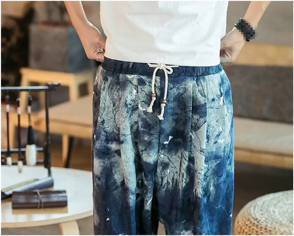 keusyoi Men Harem Pants Printed Drawstring Drop-Crotch Joggers Trousers Mens Autumn Loose Casual Cotton Linen Pants