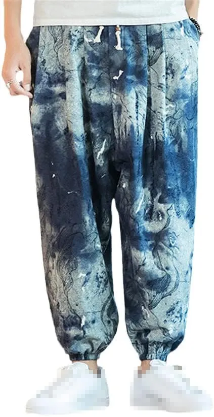 keusyoi Men Harem Pants Printed Drawstring Drop-Crotch Joggers Trousers Mens Autumn Loose Casual Cotton Linen Pants