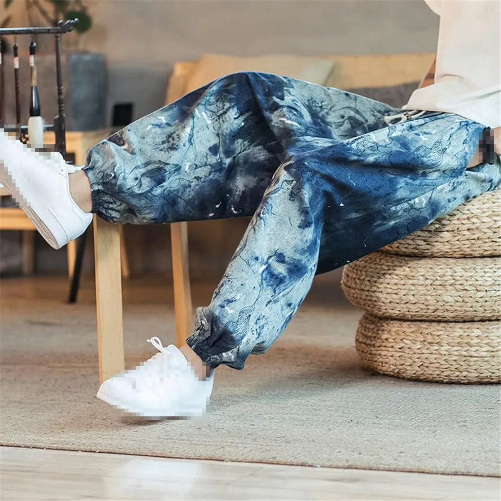 keusyoi Men Harem Pants Printed Drawstring Drop-Crotch Joggers Trousers Mens Autumn Loose Casual Cotton Linen Pants