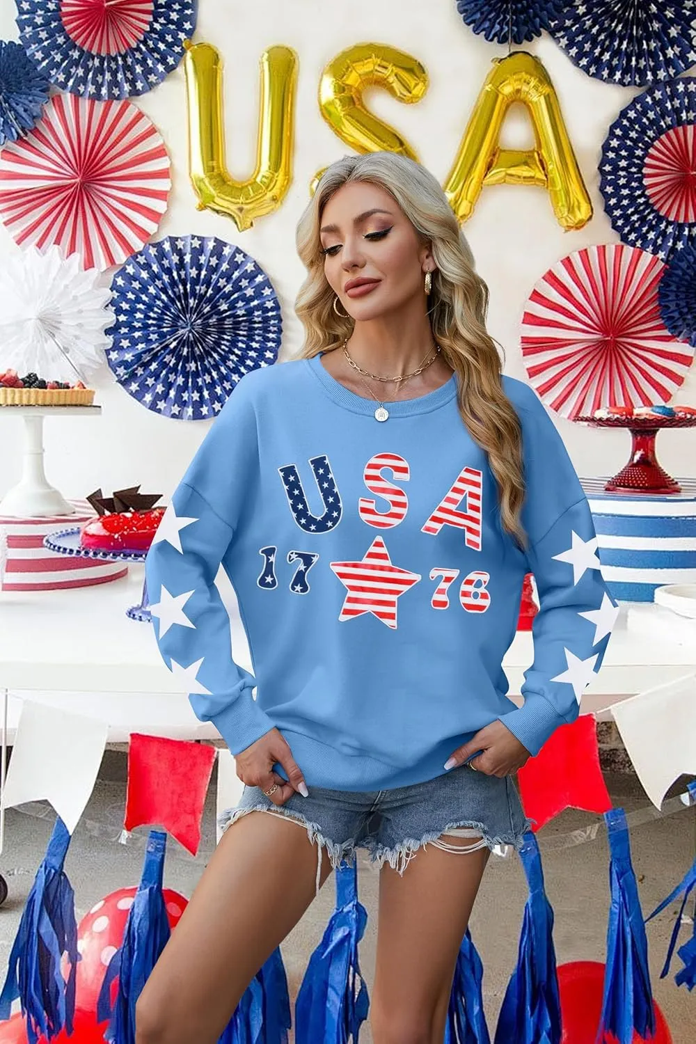 KIDDAD USA Sweatshirts for Women: American Flag Patch Sweatshirt 4th of July Shirt Patriotic Star Graphic Pullover Tops
