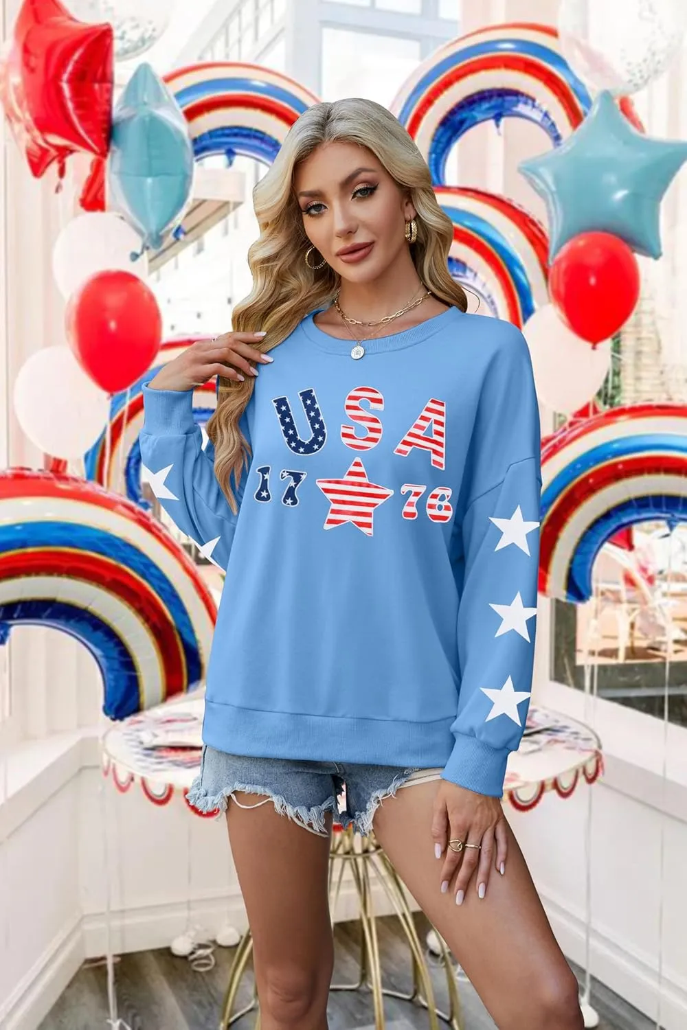 KIDDAD USA Sweatshirts for Women: American Flag Patch Sweatshirt 4th of July Shirt Patriotic Star Graphic Pullover Tops