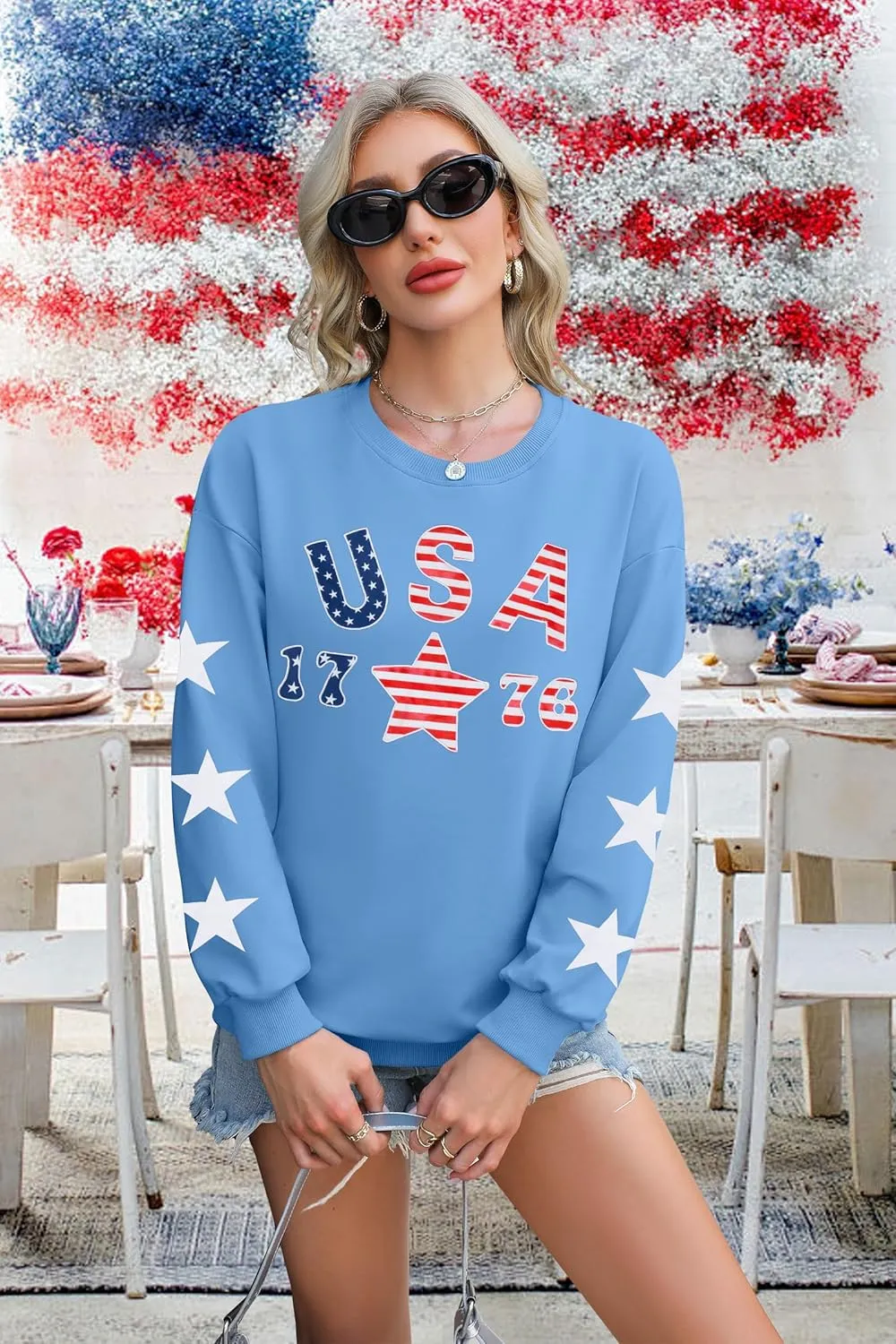 KIDDAD USA Sweatshirts for Women: American Flag Patch Sweatshirt 4th of July Shirt Patriotic Star Graphic Pullover Tops