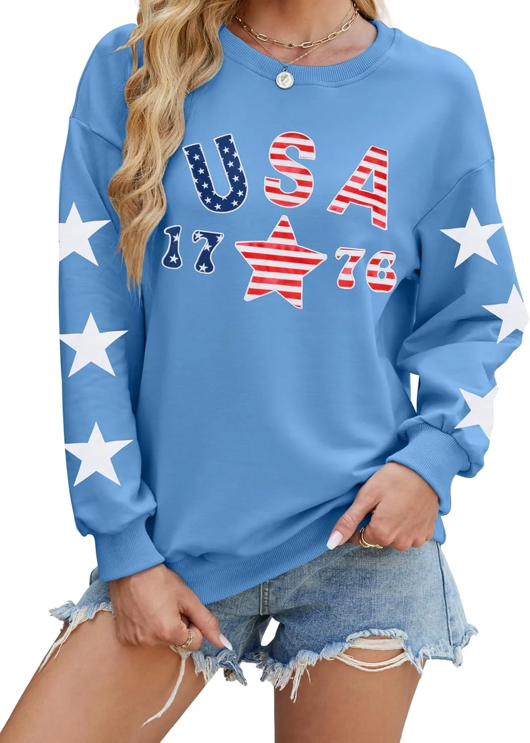KIDDAD USA Sweatshirts for Women: American Flag Patch Sweatshirt 4th of July Shirt Patriotic Star Graphic Pullover Tops