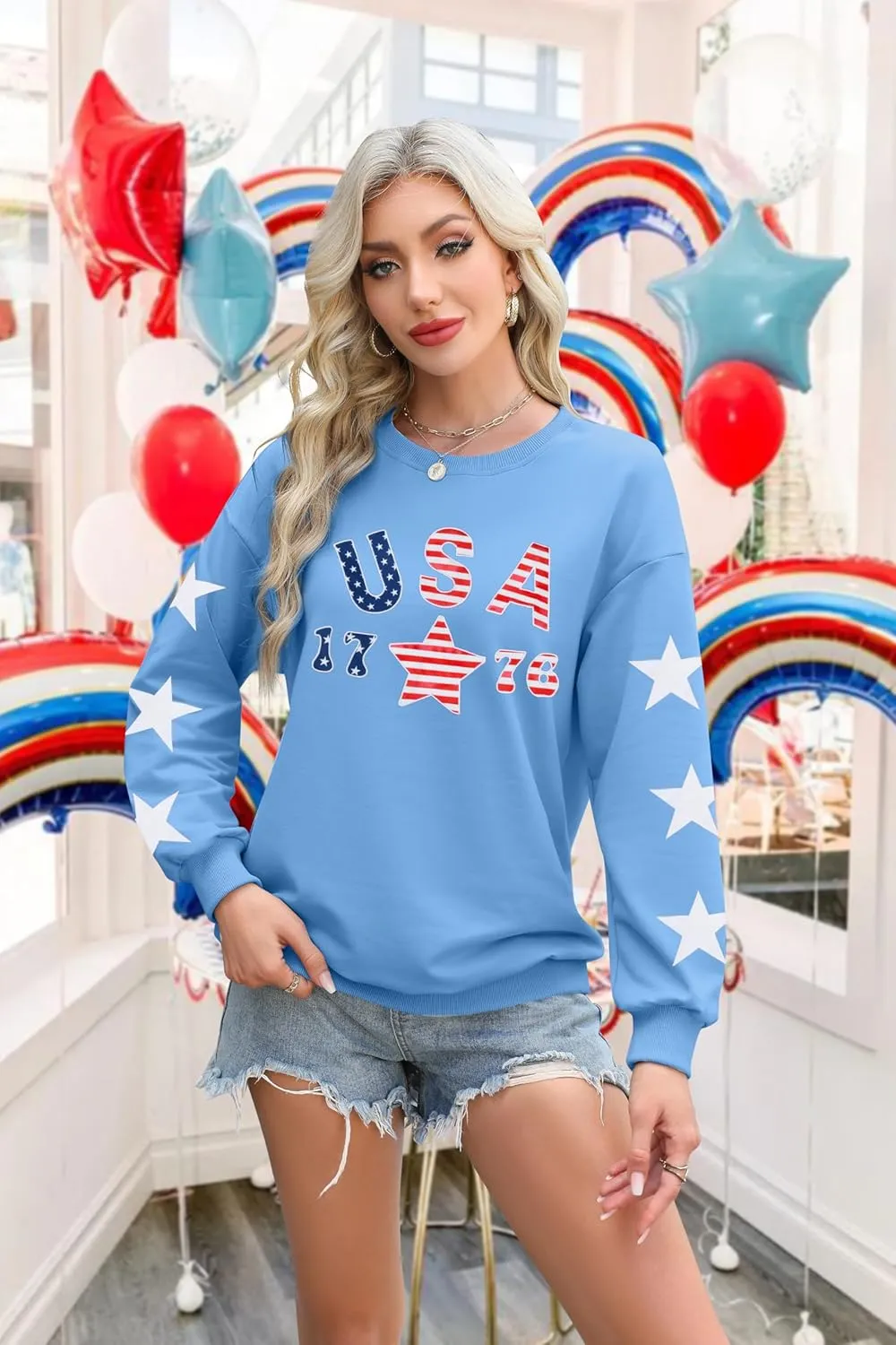 KIDDAD USA Sweatshirts for Women: American Flag Patch Sweatshirt 4th of July Shirt Patriotic Star Graphic Pullover Tops