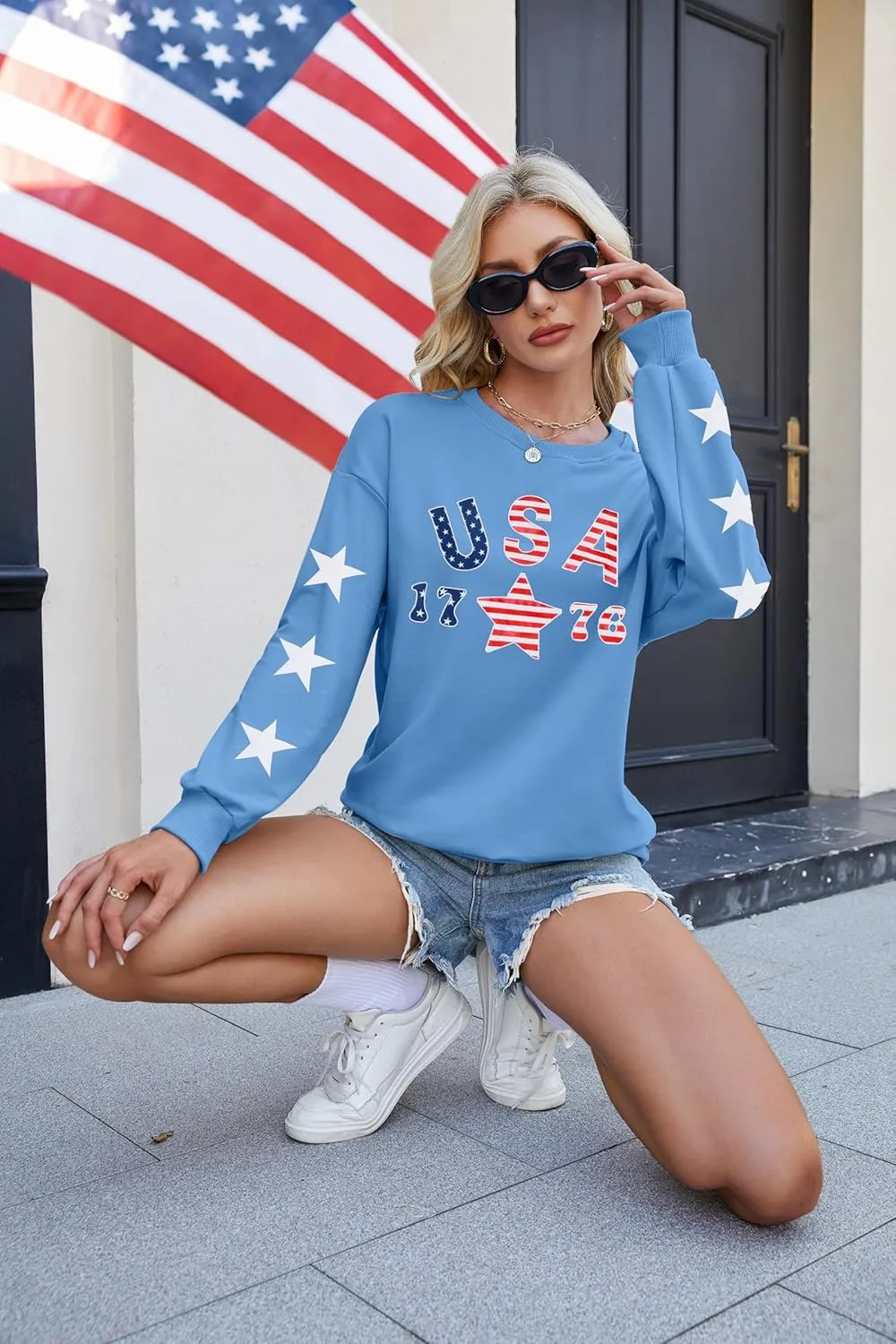 KIDDAD USA Sweatshirts for Women: American Flag Patch Sweatshirt 4th of July Shirt Patriotic Star Graphic Pullover Tops