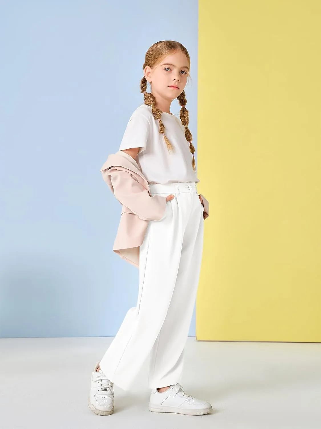 Kids Girls High Waist Wide Leg School Uniform Pants 5-14 Years