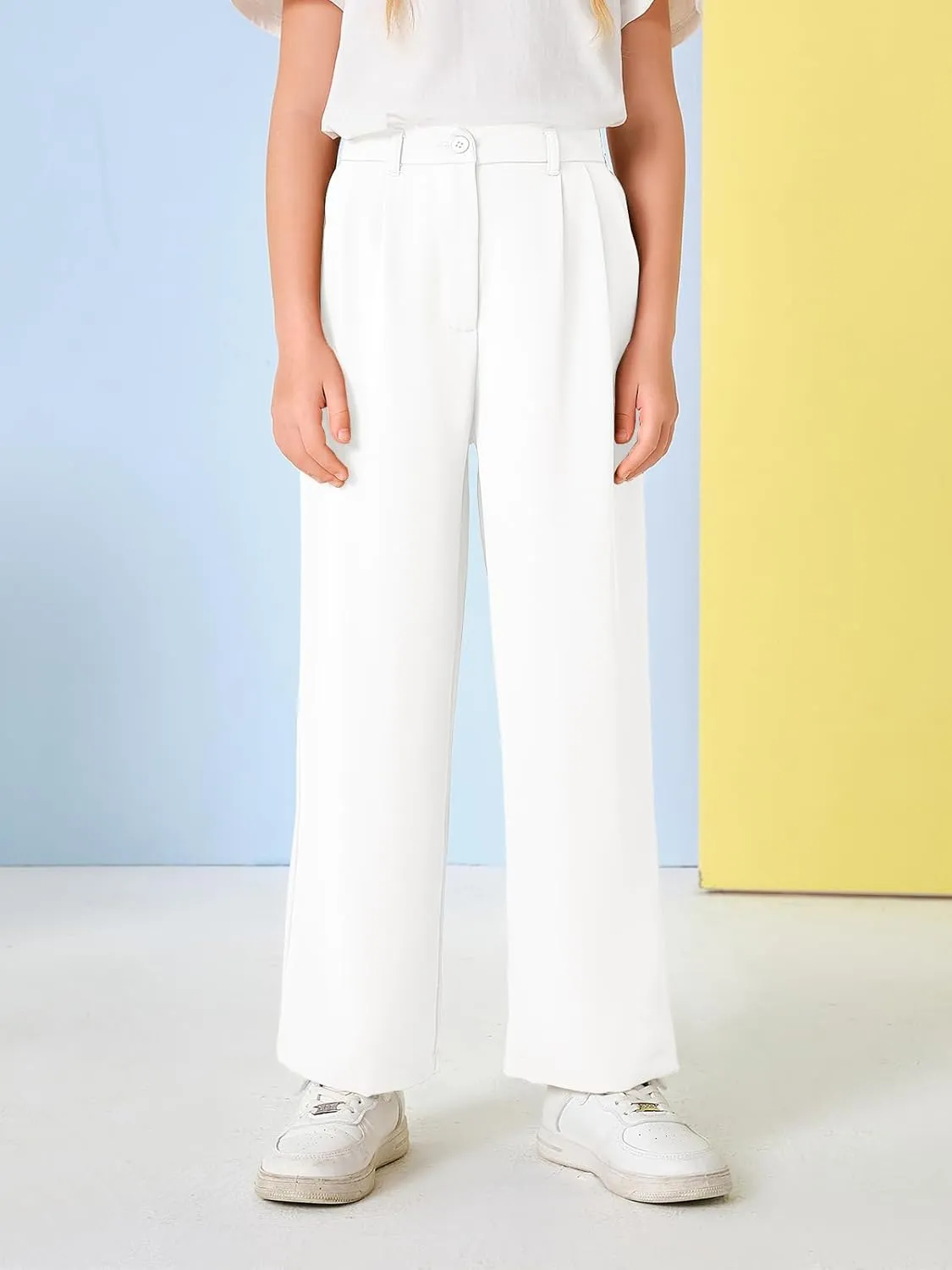 Kids Girls High Waist Wide Leg School Uniform Pants 5-14 Years