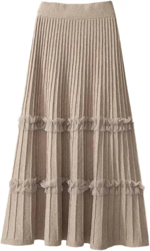 Lace Ruffle Knitted Midi Pleated Skirt Women Autumn Winter High Waist Umbrella Solid Skirt Stitching A-Line Long Skirt