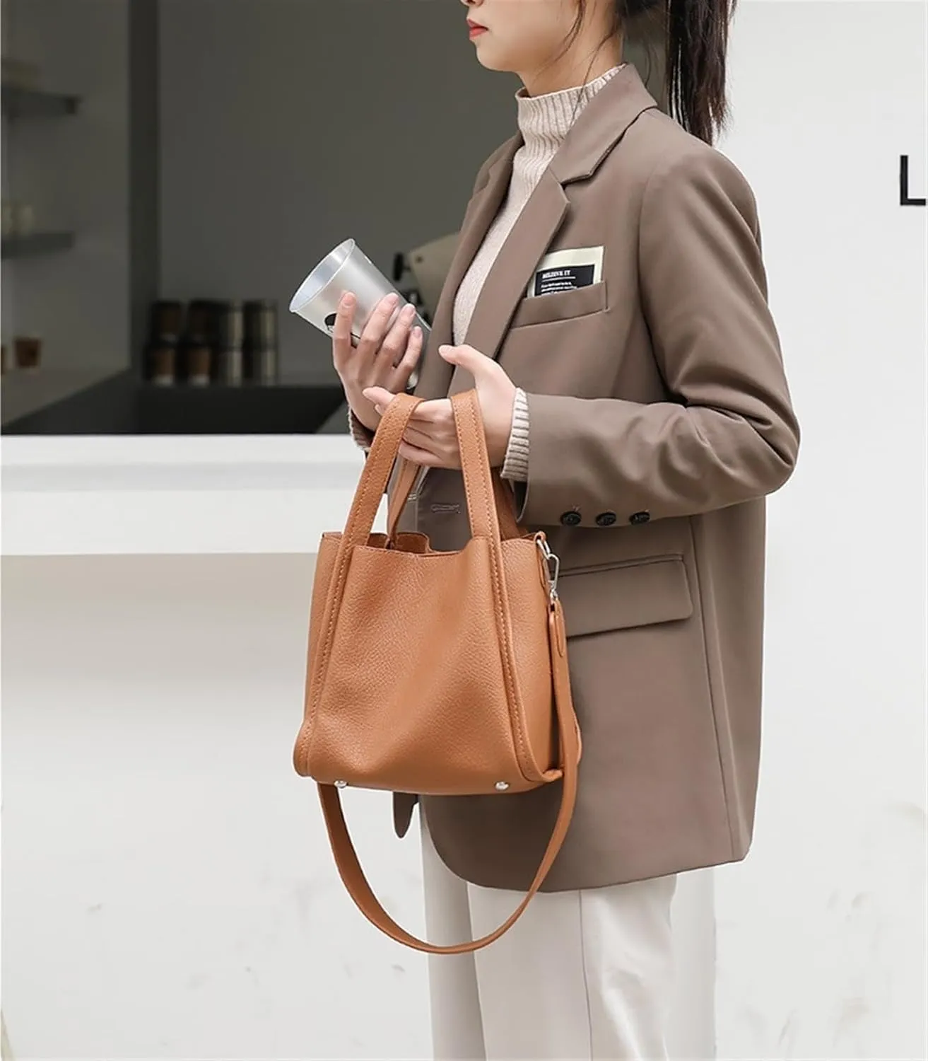 Ladies handbag soft leather bucket bag shoulder crossbody bag