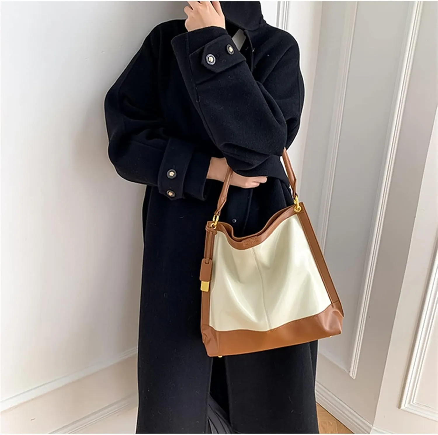 Large-Capacity Bucket Tote Bag Splicing Commuting Single Shoulder Messenger Women's Bag Genuine Leather Underarm Bag (Color : 03)