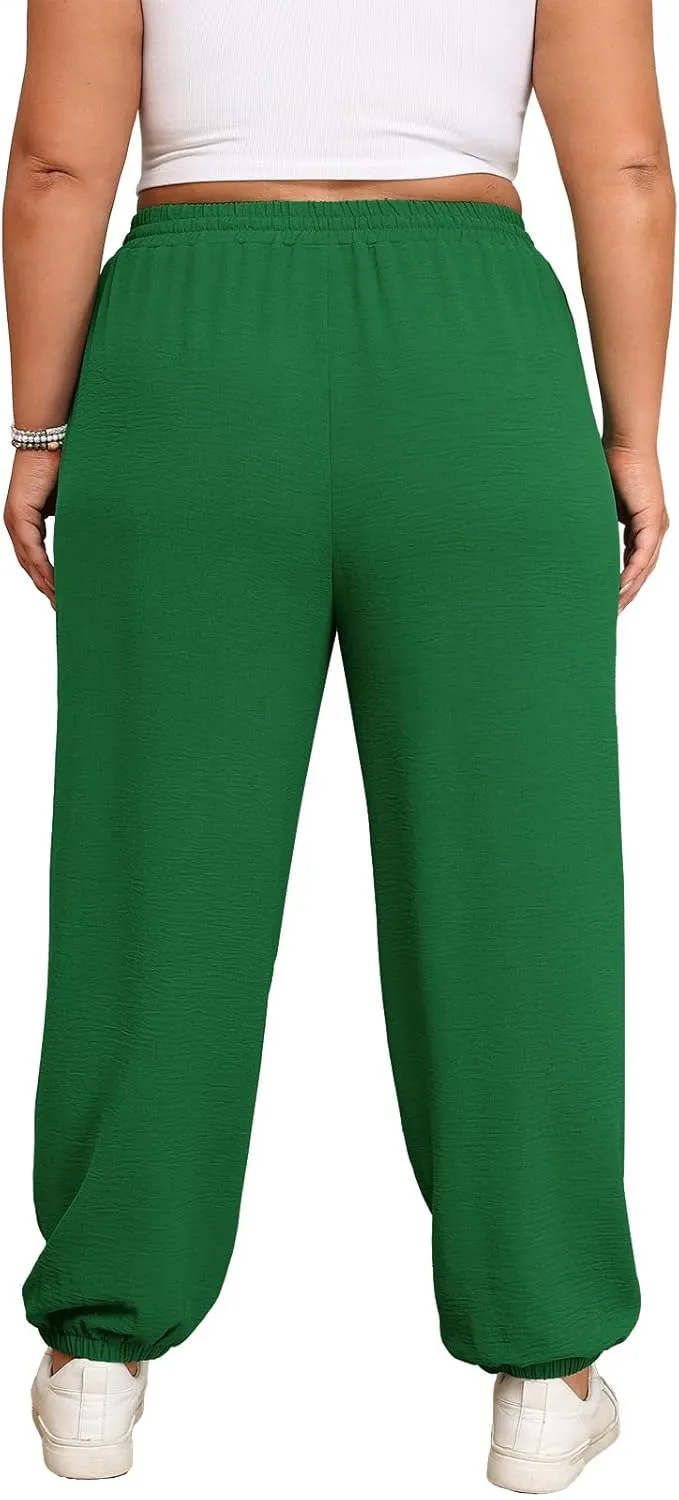 Lastshe Womens Plus Size Casual Pants High Waisted Adjustable Drawstring Summer Jogger Pants Lounge Trousers with Pockets