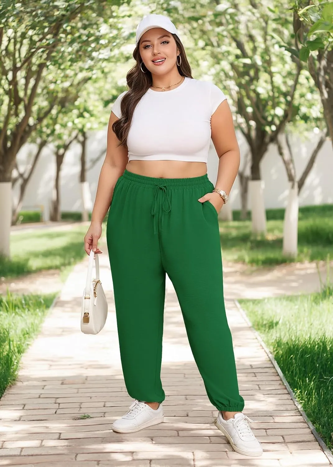 Lastshe Womens Plus Size Casual Pants High Waisted Adjustable Drawstring Summer Jogger Pants Lounge Trousers with Pockets