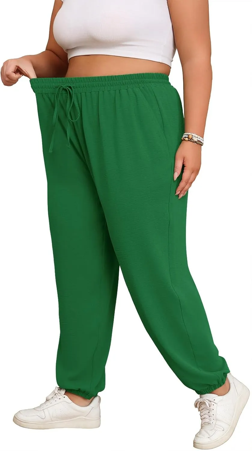 Lastshe Womens Plus Size Casual Pants High Waisted Adjustable Drawstring Summer Jogger Pants Lounge Trousers with Pockets
