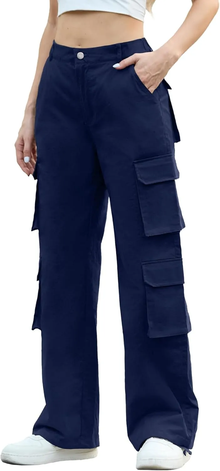 Lepunuo Womens Cargo Pants High Waisted Casual Pants Baggy Stretchy Wide Leg Y2k Streetwear with 8 Pockets