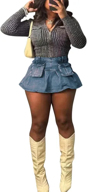 LETSVDO Women's Denim Mini Skirt Pleated Ruffle High Waisted Cargo A Line Flare Jean Short Skirts with Pockets