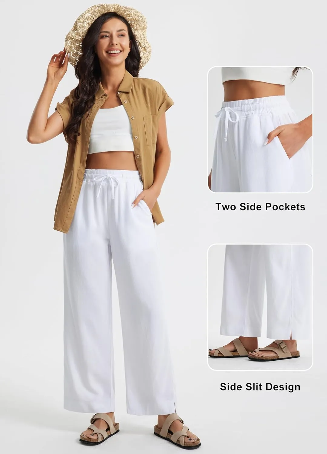 Libin Linen Pants Women Wide Leg Casual Beach Pants Cotton Linen Summer Lounge Pants Travel Work Trousers with Pockets