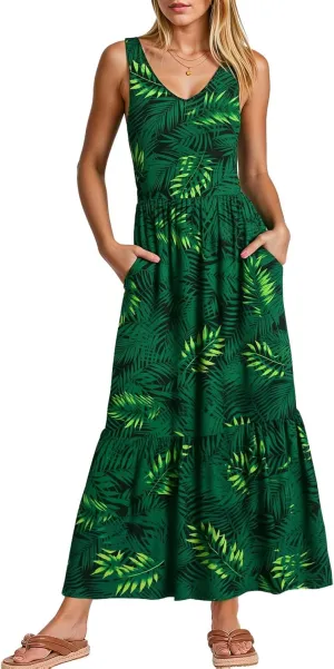 LILBETTER Women's Summer Casual Sleeveless V Neck Swing Dress Flowy Tiered Maxi Beach Dress with Pockets