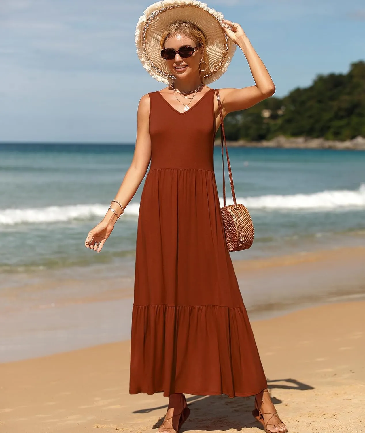LILBETTER Women's Summer Casual Sleeveless V Neck Swing Dress Flowy Tiered Maxi Beach Dress with Pockets