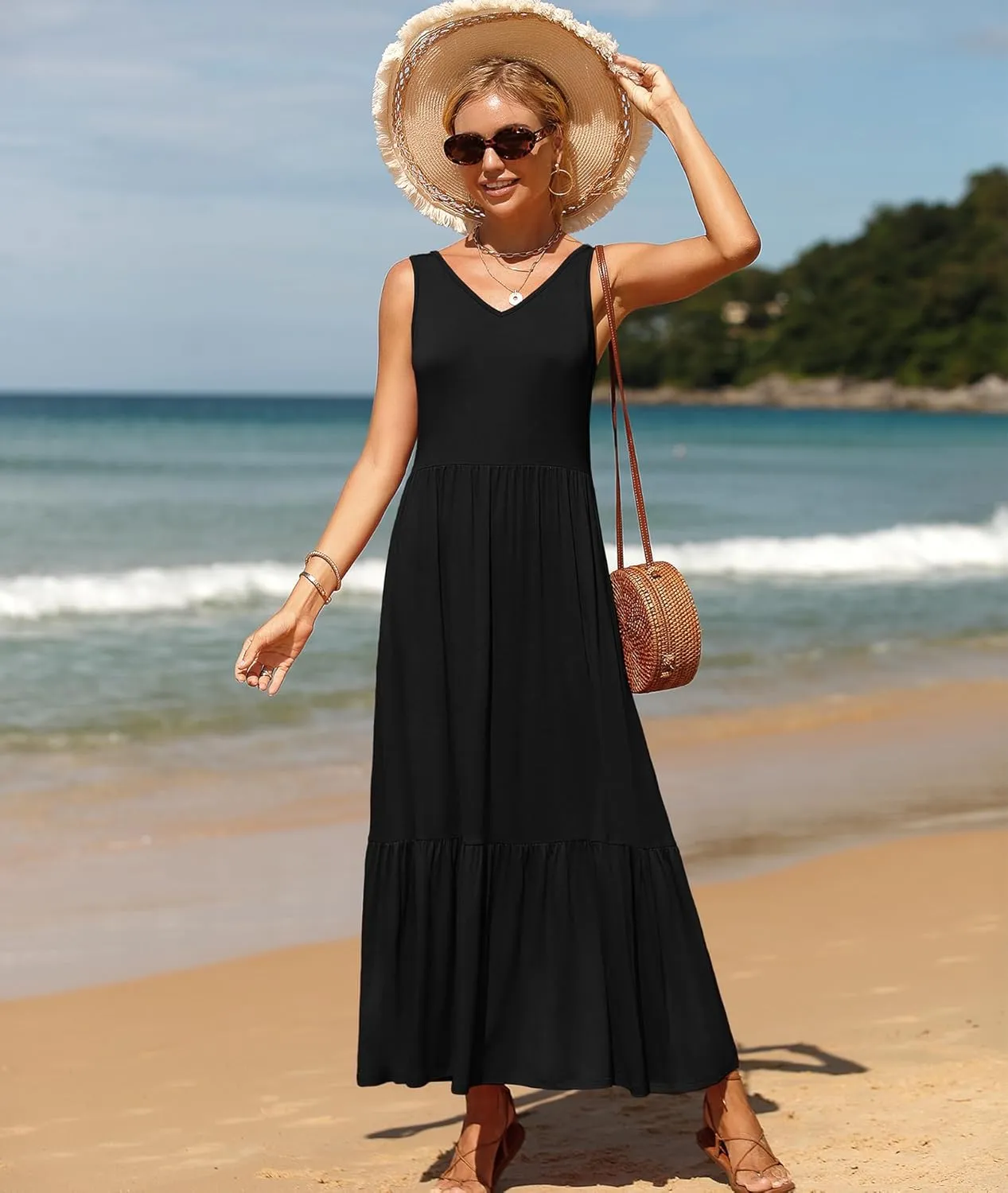 LILBETTER Women's Summer Casual Sleeveless V Neck Swing Dress Flowy Tiered Maxi Beach Dress with Pockets