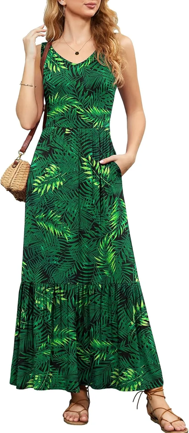 LILBETTER Women's Summer Casual Sleeveless V Neck Swing Dress Flowy Tiered Maxi Beach Dress with Pockets