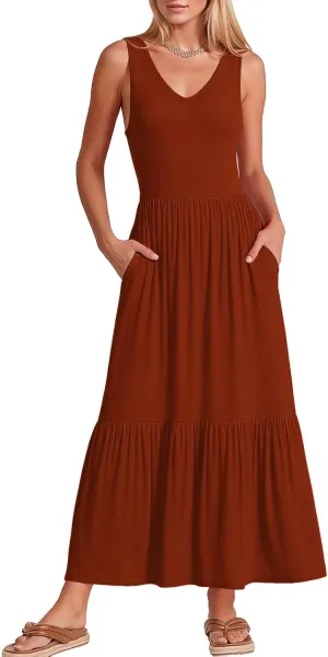 LILBETTER Women's Summer Casual Sleeveless V Neck Swing Dress Flowy Tiered Maxi Beach Dress with Pockets