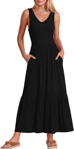 LILBETTER Women's Summer Casual Sleeveless V Neck Swing Dress Flowy Tiered Maxi Beach Dress with Pockets