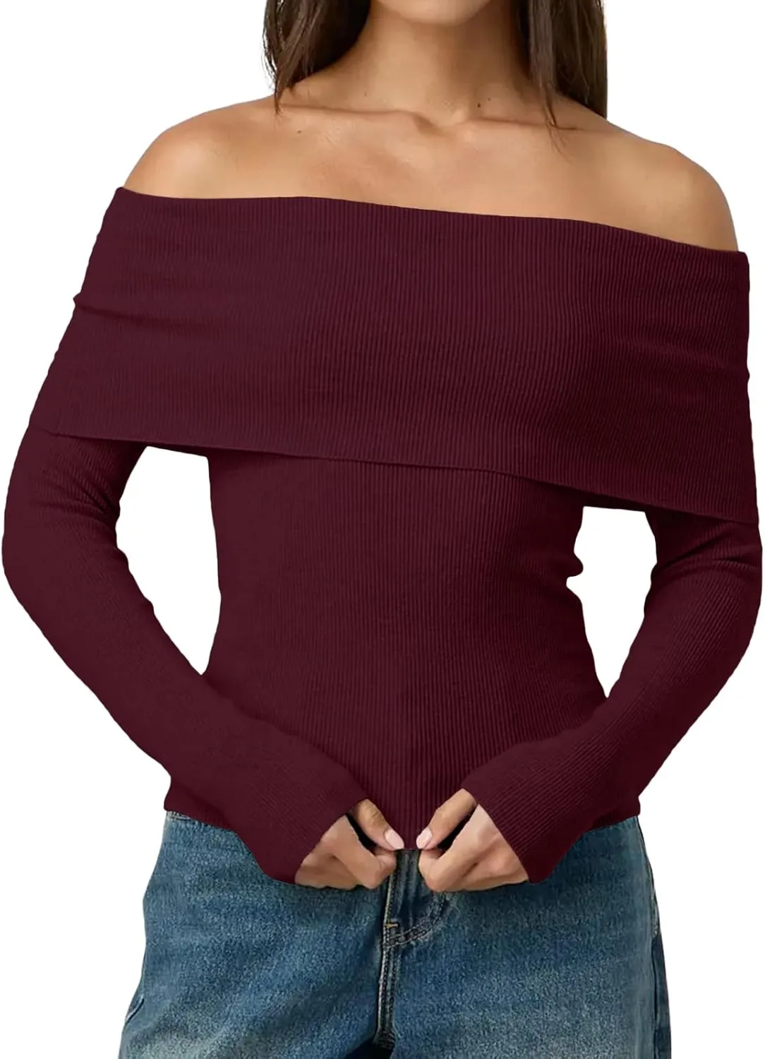 LILLUSORY Womens Off The Shoulder Sweater Fall Long Sleeve Going Out Y2k Tops Winter Date Night Outfits