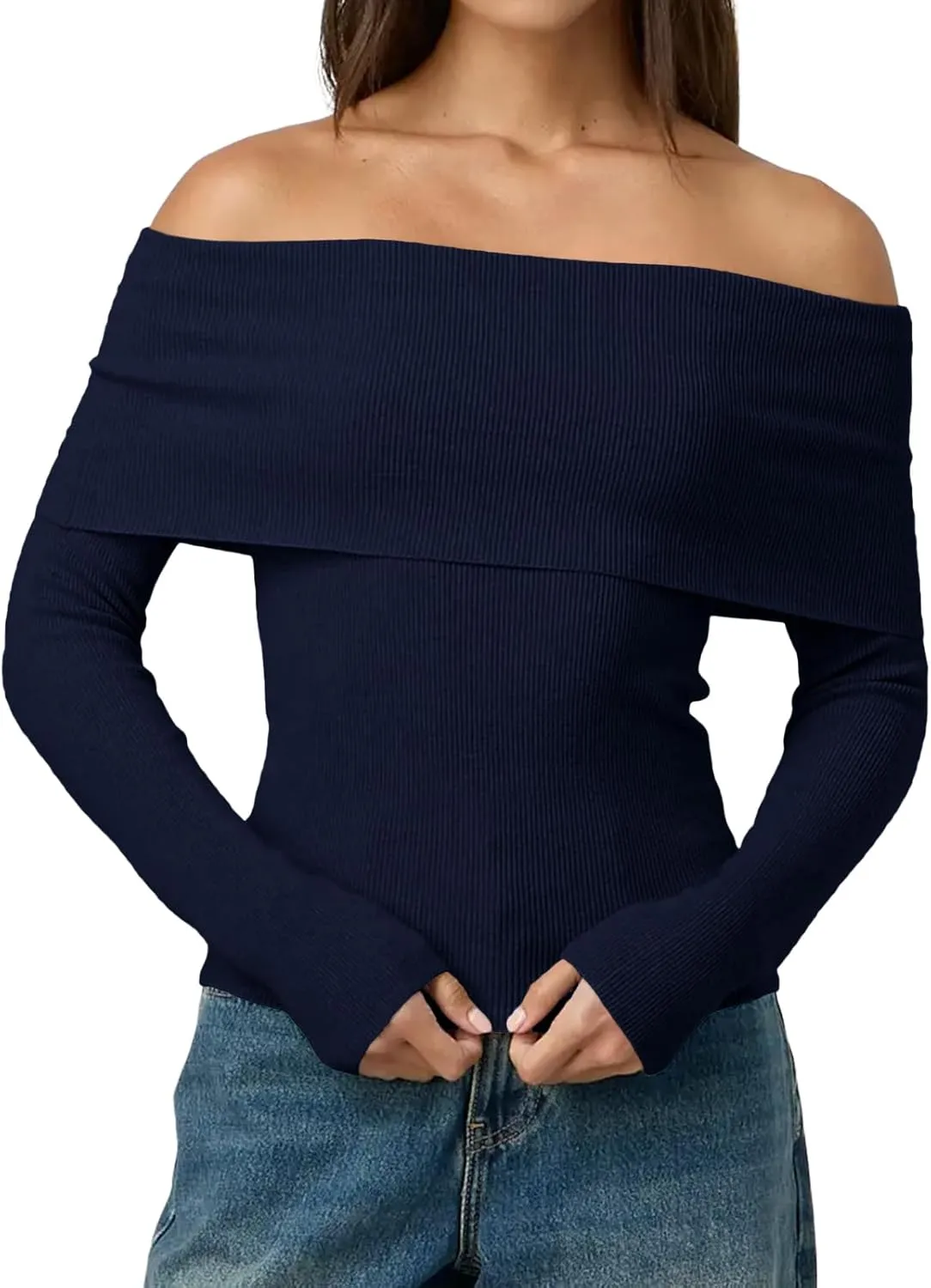 LILLUSORY Womens Off The Shoulder Sweater Fall Long Sleeve Going Out Y2k Tops Winter Date Night Outfits