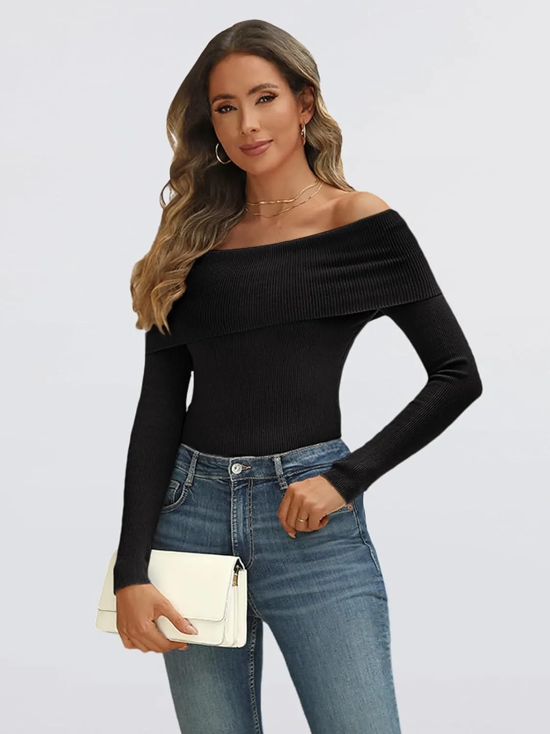 LILLUSORY Womens Off The Shoulder Sweater Fall Long Sleeve Going Out Y2k Tops Winter Date Night Outfits