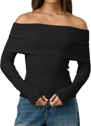 LILLUSORY Womens Off The Shoulder Sweater Fall Long Sleeve Going Out Y2k Tops Winter Date Night Outfits