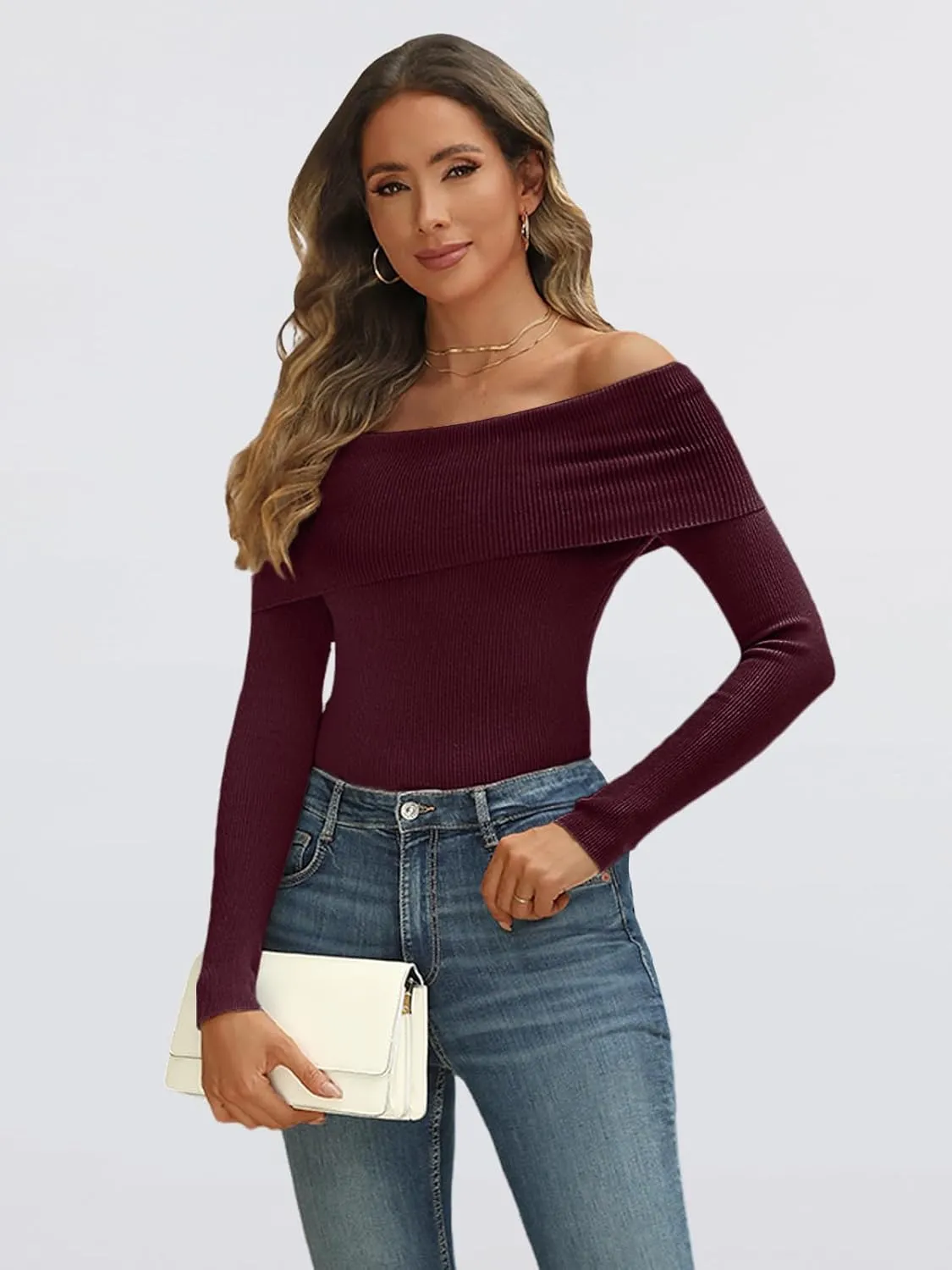 LILLUSORY Womens Off The Shoulder Sweater Fall Long Sleeve Going Out Y2k Tops Winter Date Night Outfits