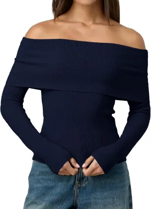 LILLUSORY Womens Off The Shoulder Sweater Fall Long Sleeve Going Out Y2k Tops Winter Date Night Outfits