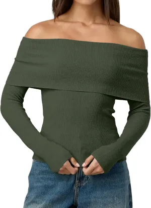 LILLUSORY Womens Off The Shoulder Sweater Fall Long Sleeve Going Out Y2k Tops Winter Date Night Outfits