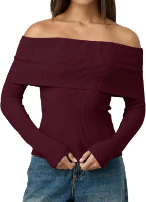 LILLUSORY Womens Off The Shoulder Sweater Fall Long Sleeve Going Out Y2k Tops Winter Date Night Outfits