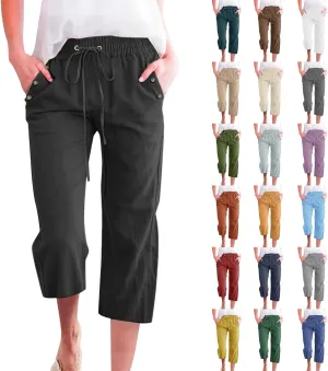 Linen Capri Pants for Women Casual 2025 Summer Drawstring Elastic High Waist Pant Straight Wide Leg Cropped Trouser