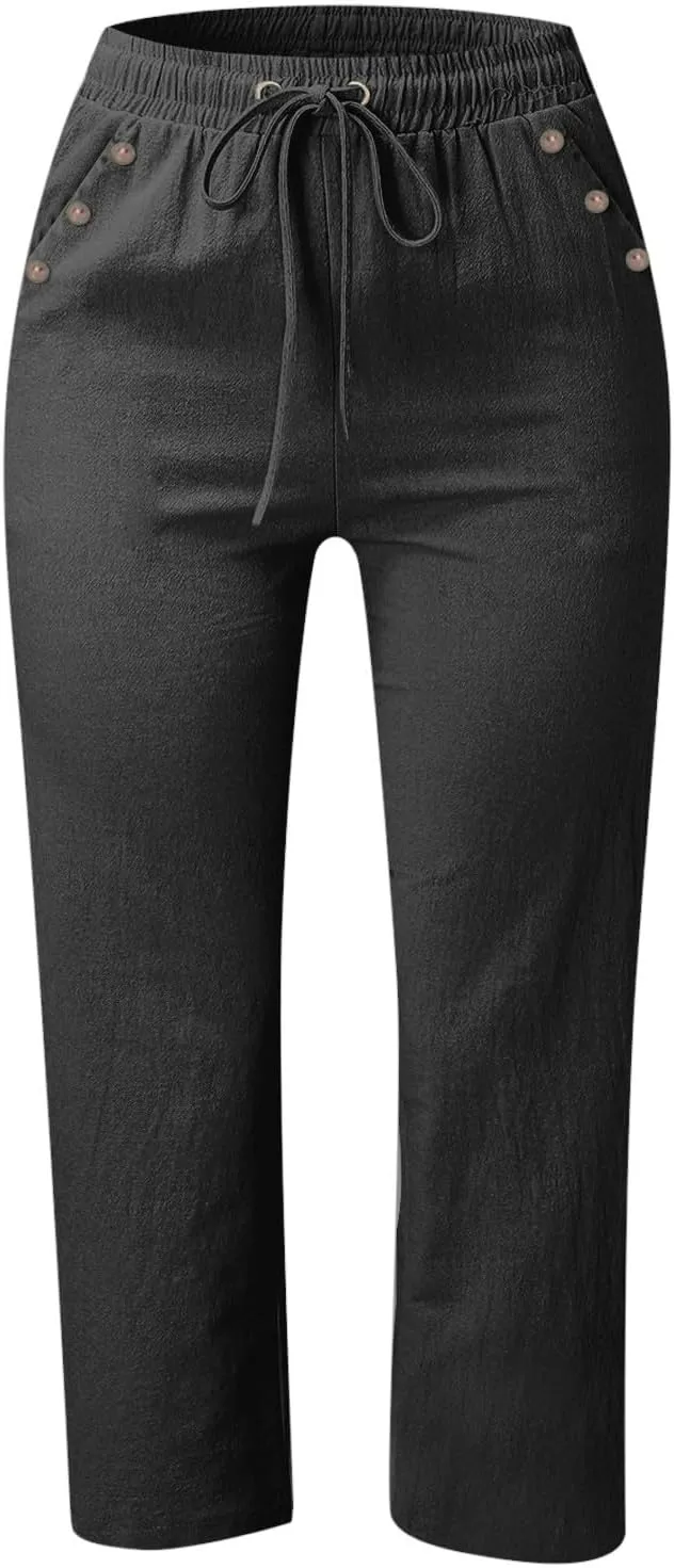 Linen Capri Pants for Women Casual 2025 Summer Drawstring Elastic High Waist Pant Straight Wide Leg Cropped Trouser