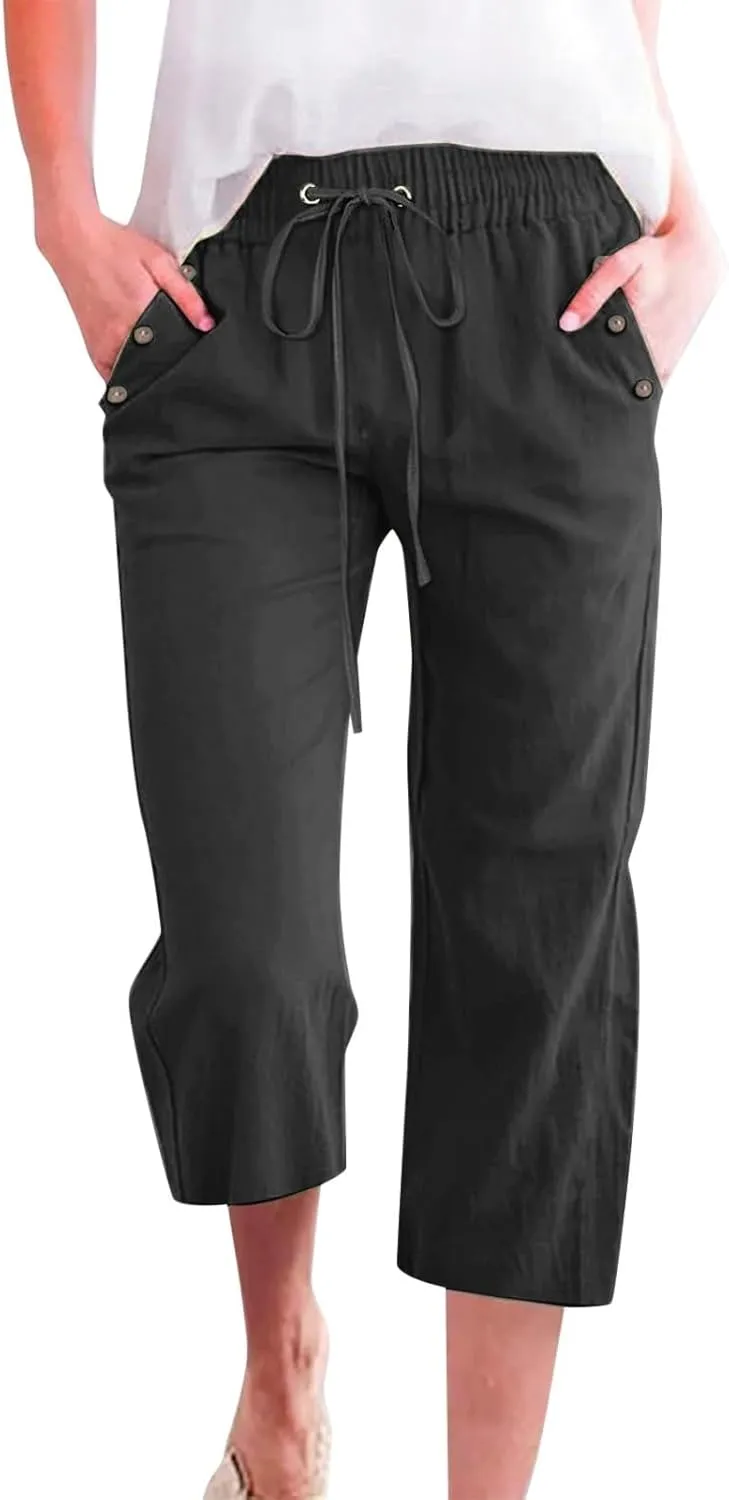 Linen Capri Pants for Women Casual 2025 Summer Drawstring Elastic High Waist Pant Straight Wide Leg Cropped Trouser
