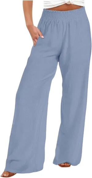 Linen Pants for Women Palazzo Wide Leg Elastic High Waisted Straight Wide Pant with Pockets Flared Trousers 2025