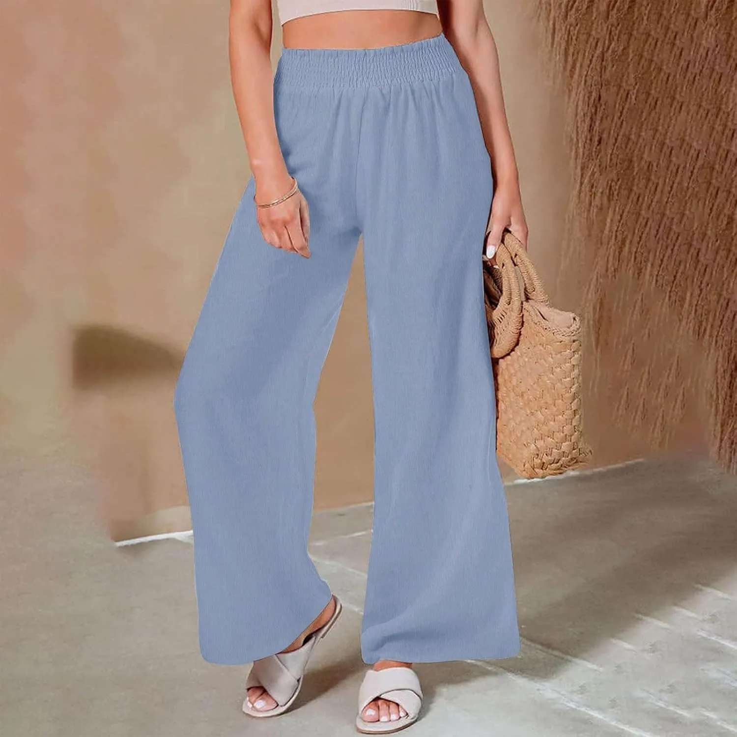 Linen Pants for Women Palazzo Wide Leg Elastic High Waisted Straight Wide Pant with Pockets Flared Trousers 2025