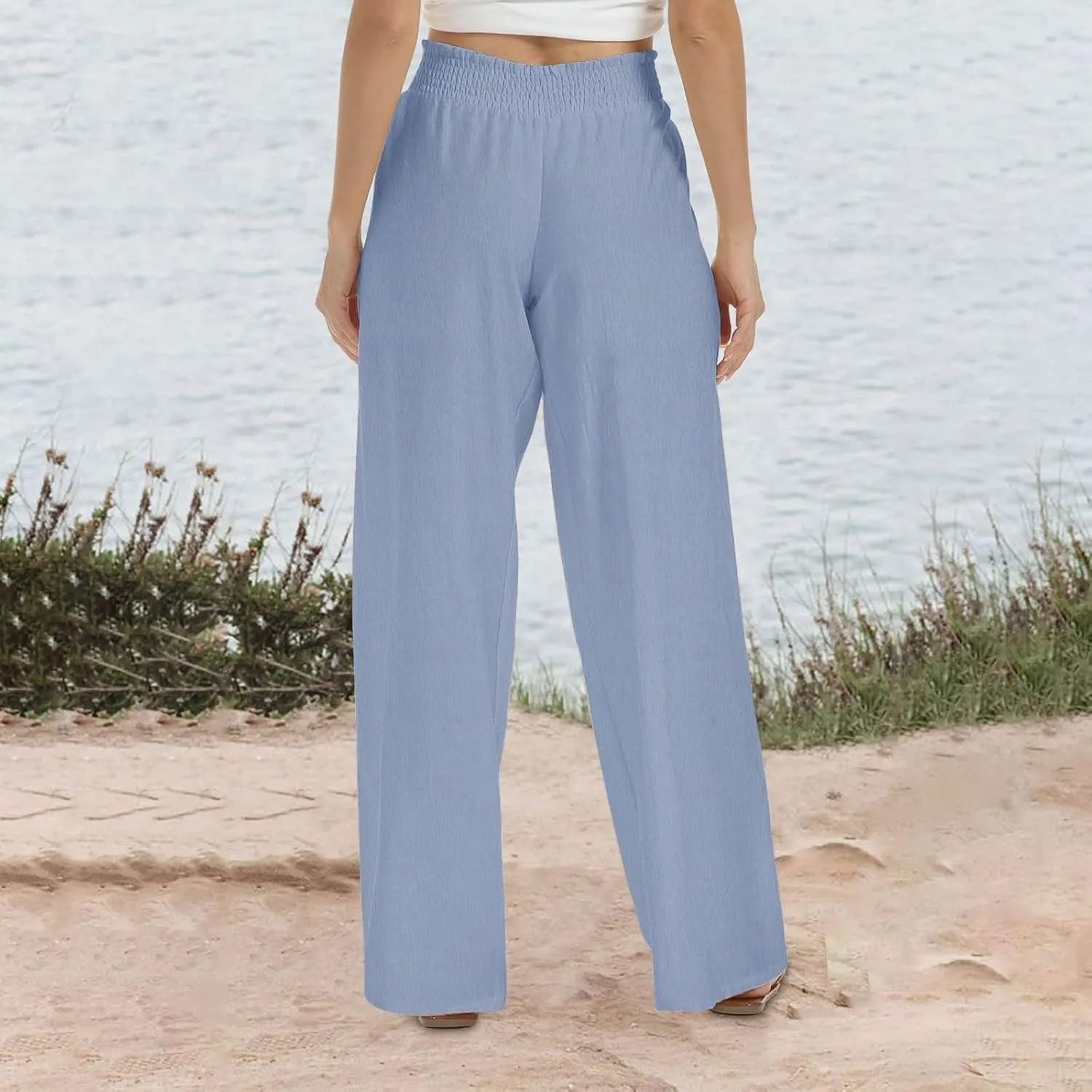 Linen Pants for Women Palazzo Wide Leg Elastic High Waisted Straight Wide Pant with Pockets Flared Trousers 2025